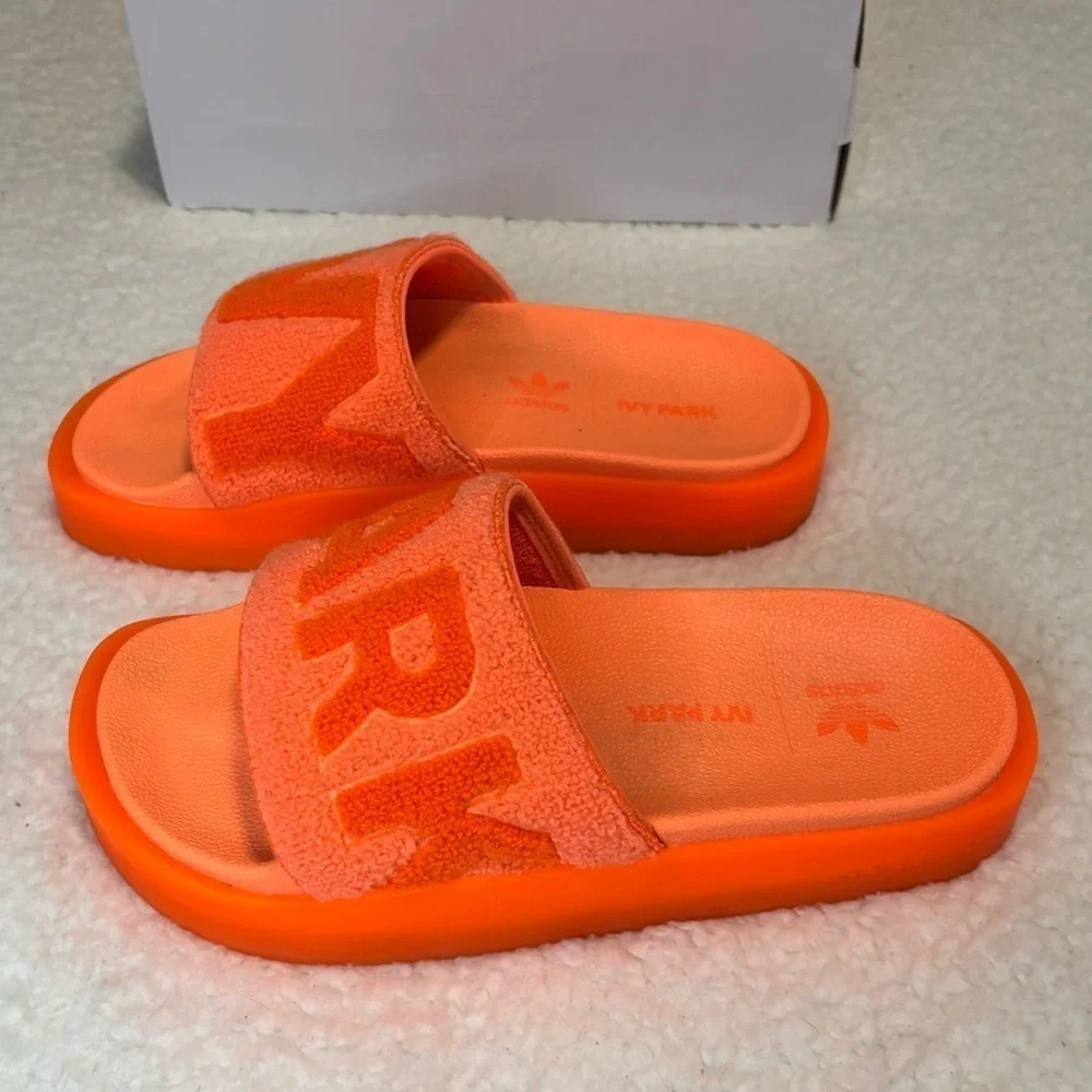 Ivy Park x Adidas Screaming Orange Terry Cloth Logo Platform Slides